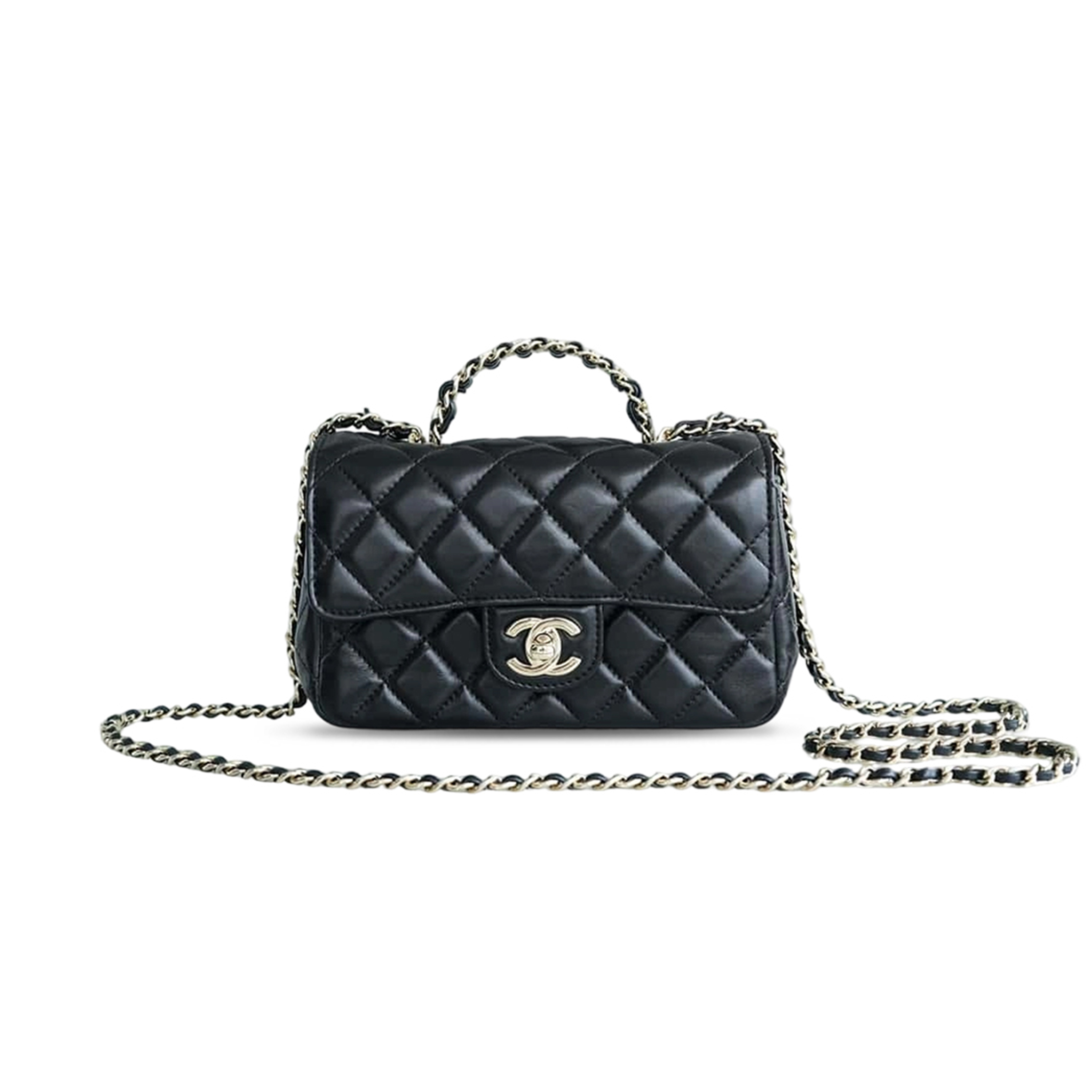 CHANEL LAMBSKIN QUILTED MINI CRYSTAL TOP HANDLE RECTANGULAR FLAP BLACK AS4140 (18*12*7cm)